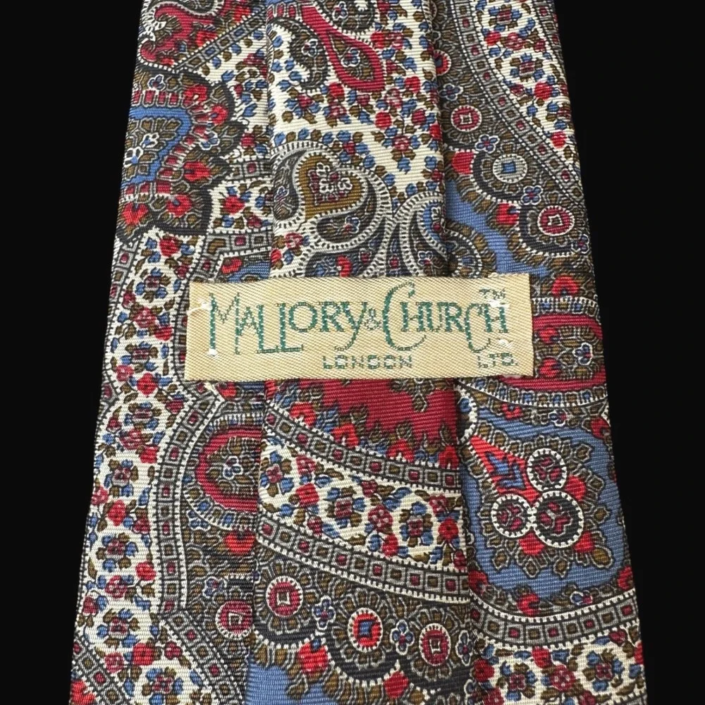 Mallory & Church London Mens Silk Tie Red Blue Paisley Medallion Formal Necktie